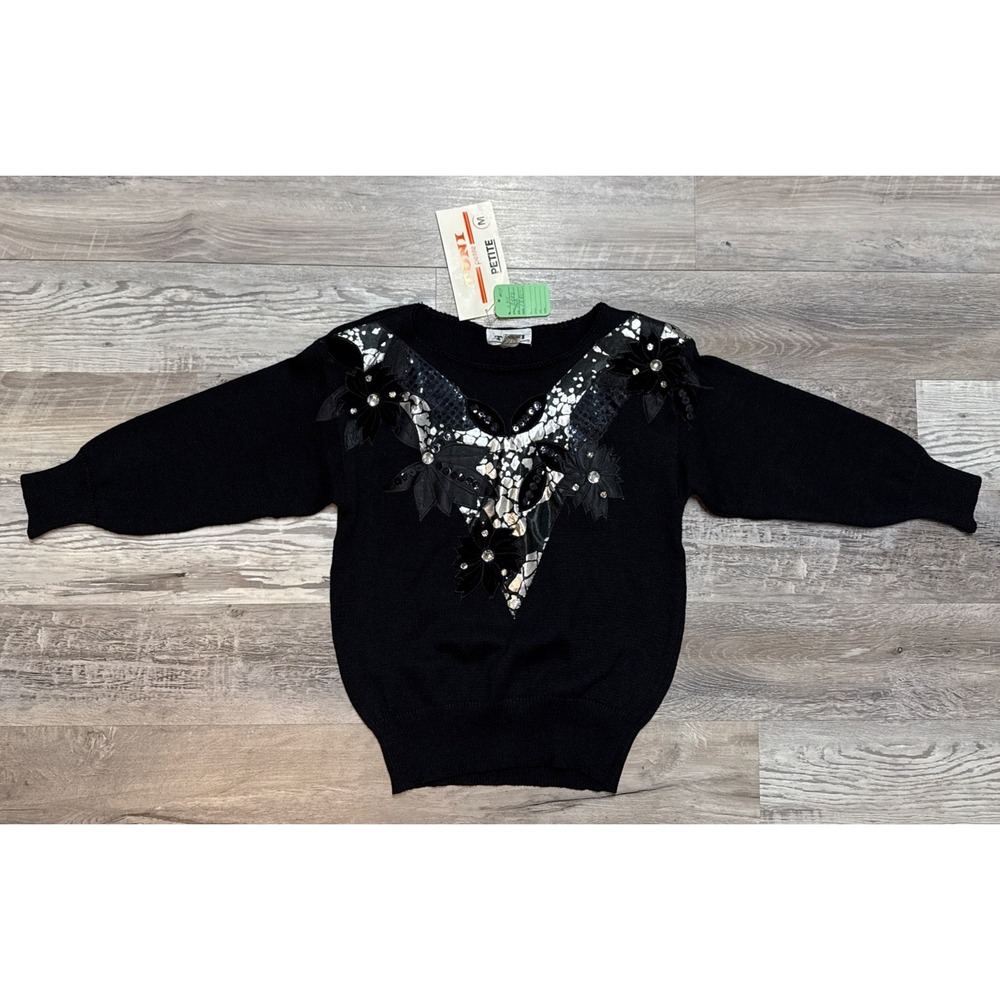 Vtg Sexy Black Sequin Floral Velvet Sweater Shirt Top Toni Petite NWT Size M